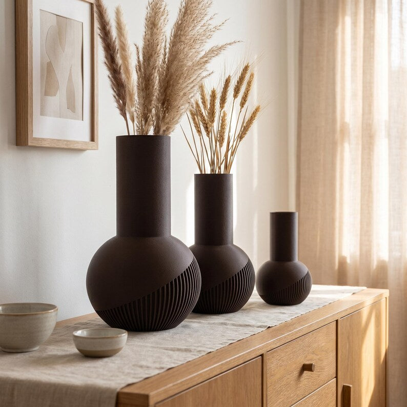 Vase Tama lisse | Vase rond à col haut | Impression 3D | Bande rainurée en spirale