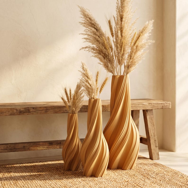 Vase torsadé en spirale imprimé en 3D, décoratif pour fleurs séchées, style japonais bohème, mat, 11-25 cm