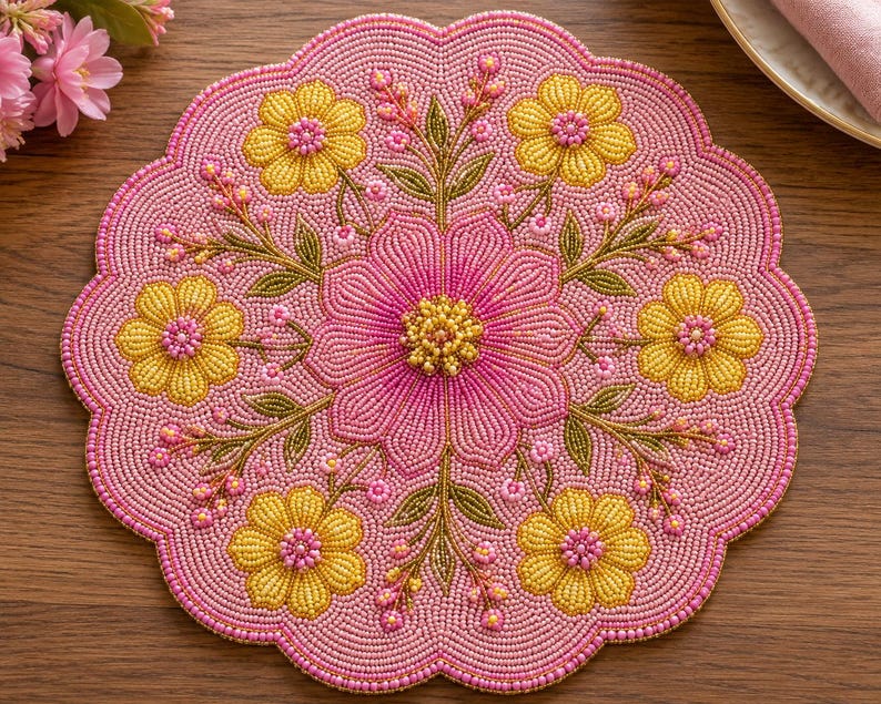 Set de table rond floral rose et jaune à perles de verre, fait main