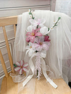 Bouquet de mariée perlé fait main, fleurs éternelles en perles de verre, rose et ivoire