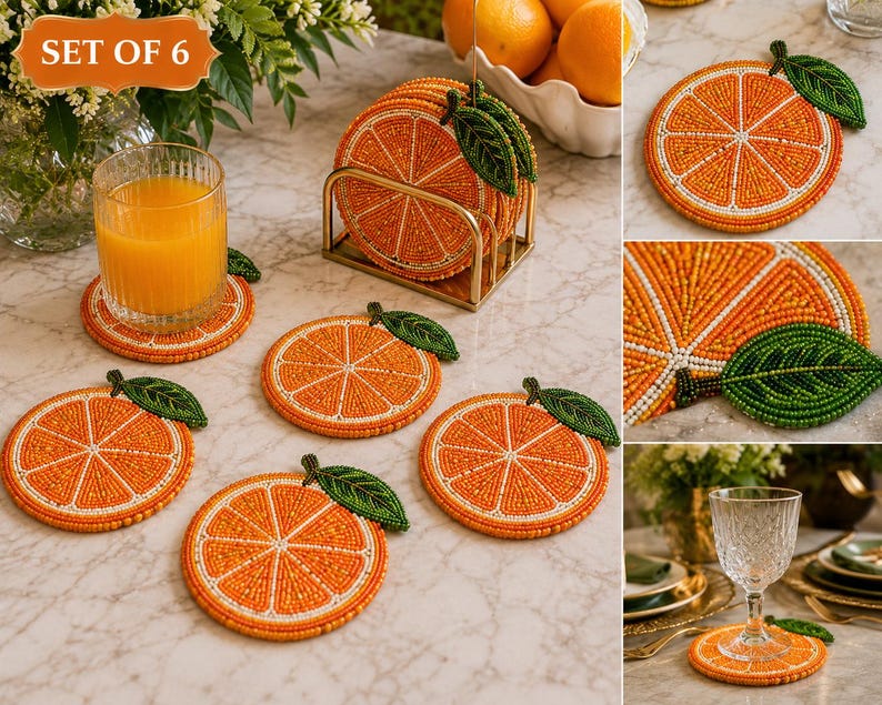 Set de 6 Sous-verres en Perles de Verre Motif Tranche d'Orange, Décoration de Table Estivale pour Tasses, Verres à Vin et Cocktails