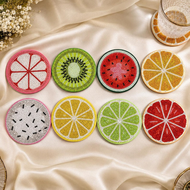 Set de 6 sous-verres ronds en verre et perles, motifs fruits, pastèque, kiwi, citron, orange