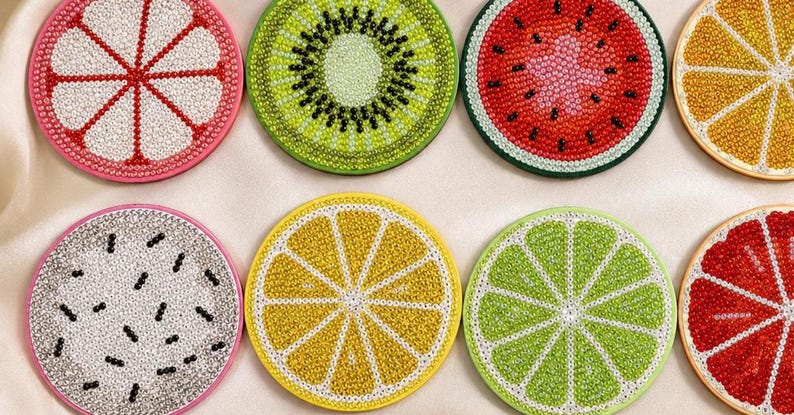 Set de 6 sous-verres ronds en verre et perles, motifs fruits, pastèque, kiwi, citron, orange