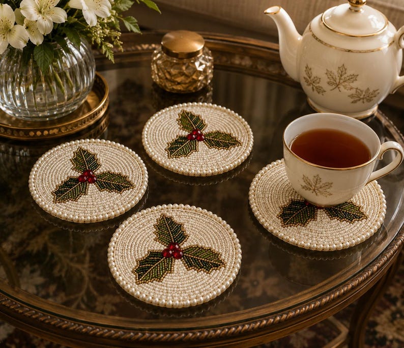 Ensemble de sous-verres en perles de houx pour Noël, fait main, blanc, vert et rouge
