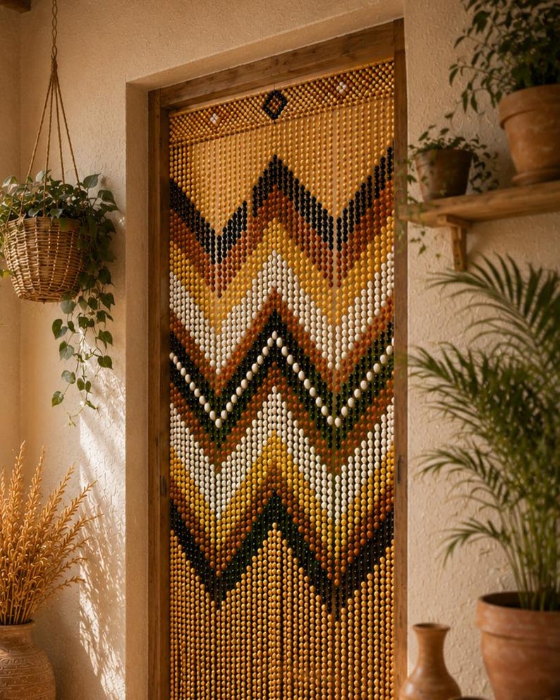 Rideau de porte en perles de bois géométrique bohème 200x100 cm