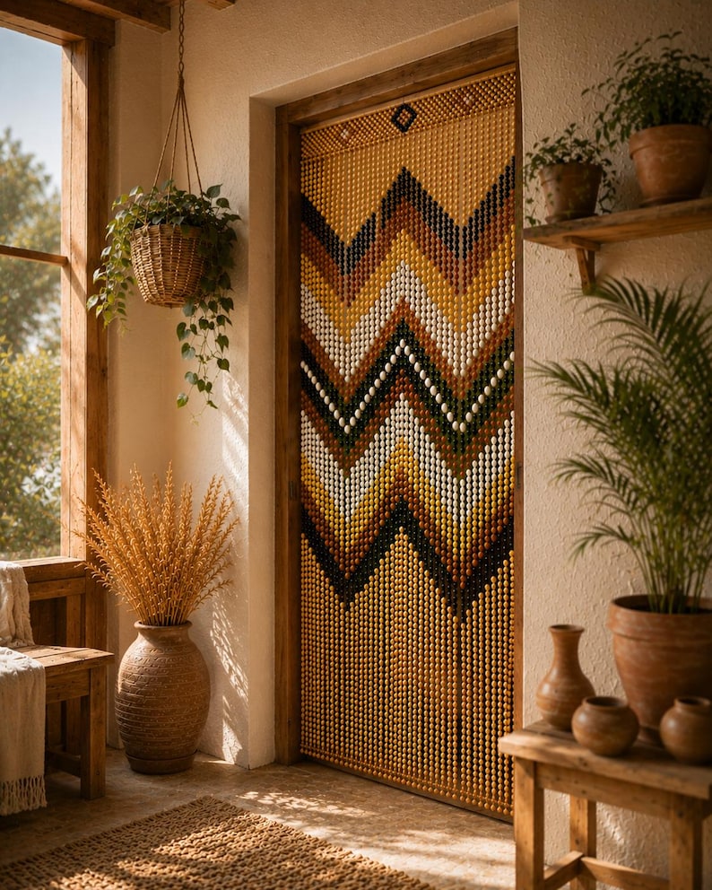 Rideau de porte en perles de bois géométrique bohème 200x100 cm