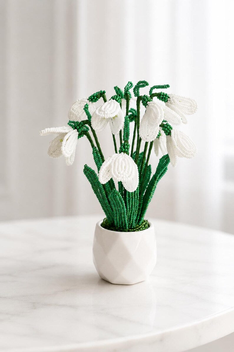 Jardinière en céramique avec perce-neige en perles, décoration printanière, 11 fleurs et 13 feuilles, 17,5 cm