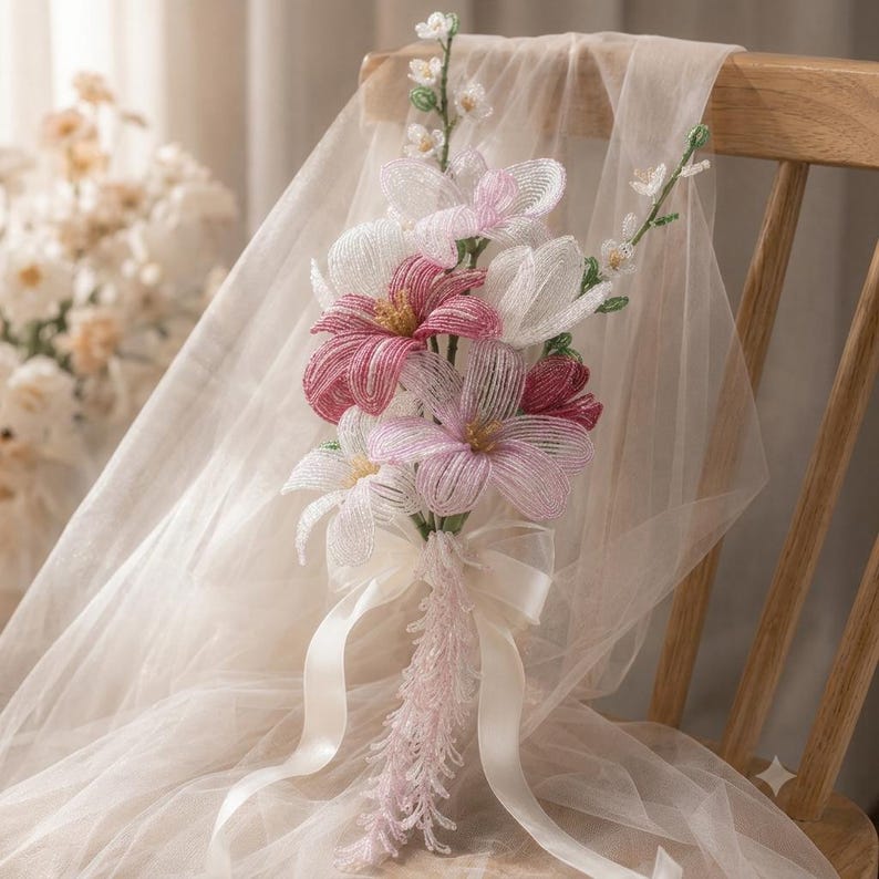 Bouquet de mariée perlé fait main, fleurs éternelles en perles de verre, rose et ivoire