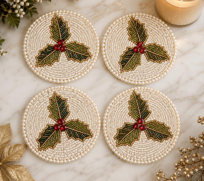 Ensemble de sous-verres en perles de houx pour Noël, fait main, blanc, vert et rouge