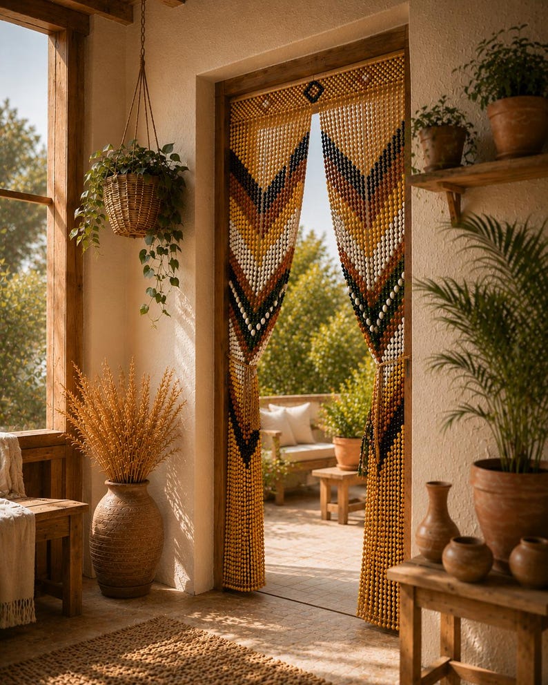 Rideau de porte en perles de bois géométrique bohème 200x100 cm