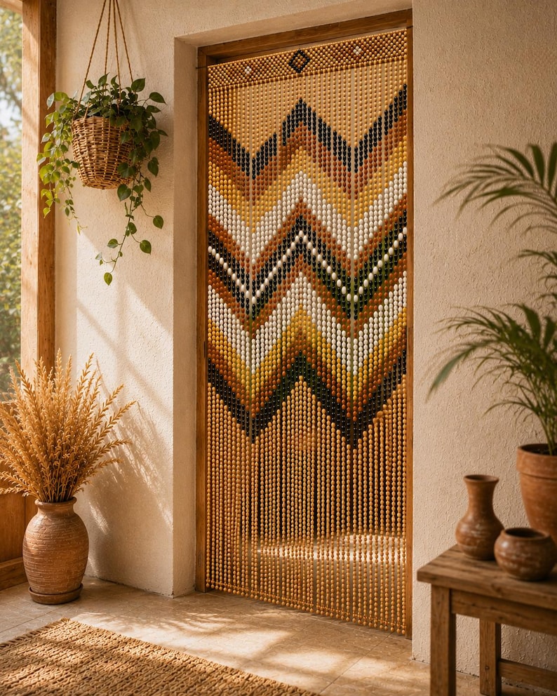 Rideau de porte en perles de bois géométrique bohème 200x100 cm
