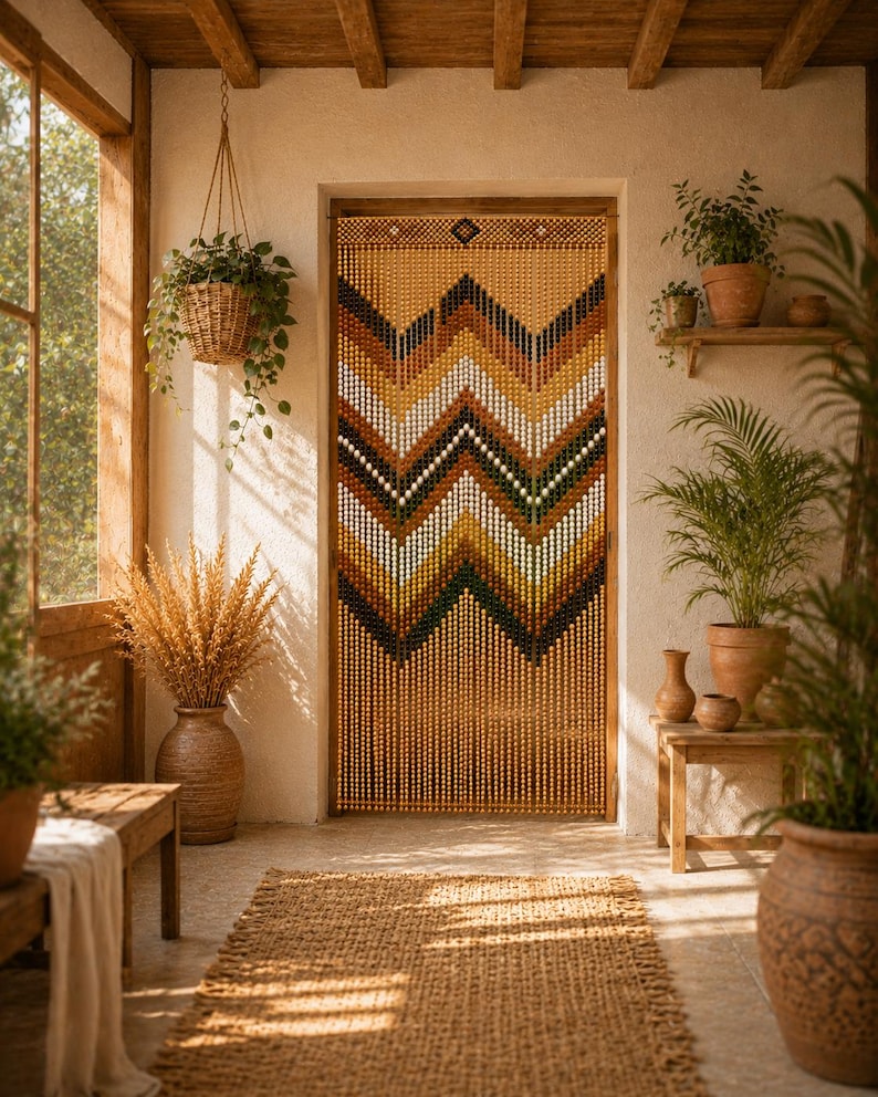 Rideau de porte en perles de bois géométrique bohème 200x100 cm