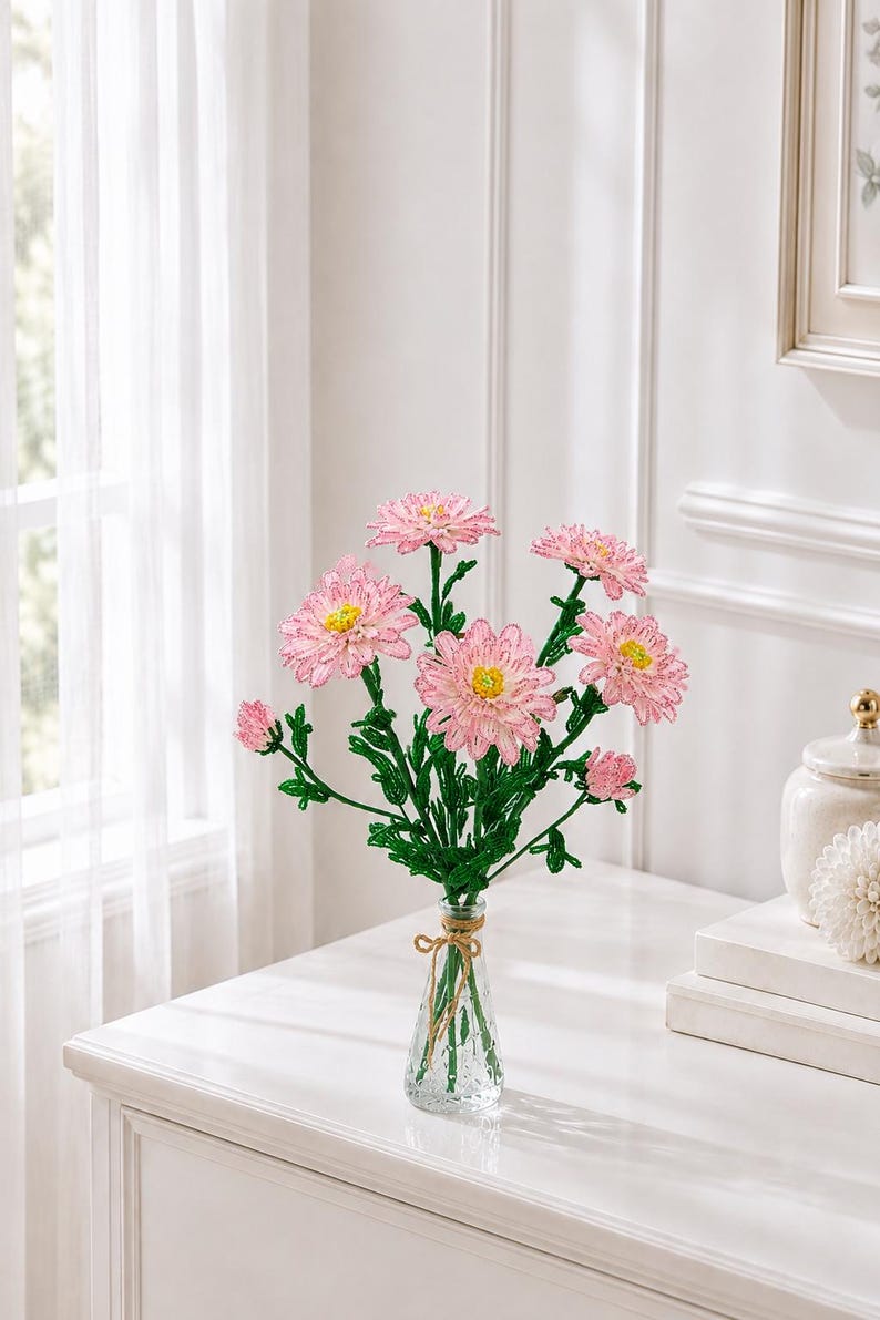 Bouquet de chrysanthèmes roses perlés, fleurs artificielles faites main, 5 fleurs et 2 boutons, hauteur de tige 40-42 cm