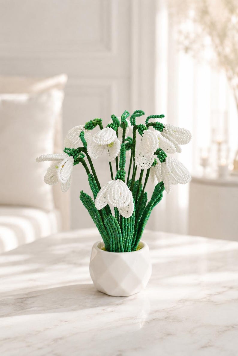 Jardinière en céramique avec perce-neige en perles, décoration printanière, 11 fleurs et 13 feuilles, 17,5 cm