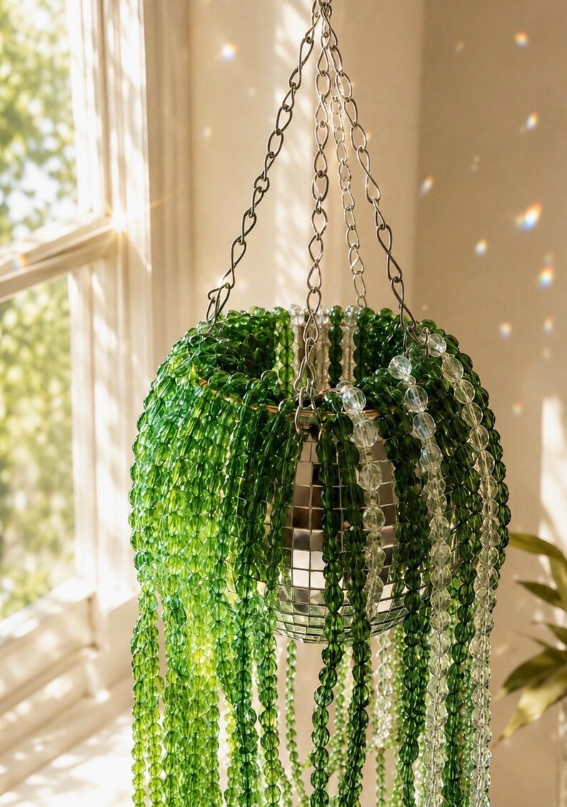 Plante suspendue en perles avec pot boule disco, décoration murale intérieure