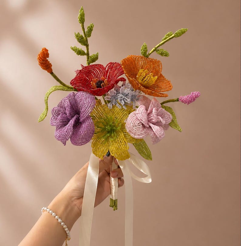 Bouquet de mariée coloré avec perles, fait main, fleurs éternelles