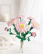 Bouquet de chrysanthèmes roses perlés, fleurs artificielles faites main, 5 fleurs et 2 boutons, hauteur de tige 40-42 cm