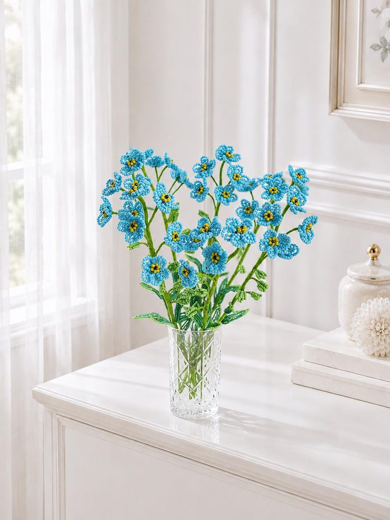 Bouquet de myosotis en perles, lot de 7 fleurs sur tige, fleurs bleues, style provençal, hauteur 35 cm